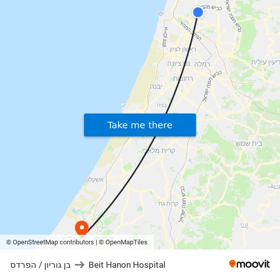 בן גוריון / הפרדס to Beit Hanon Hospital map