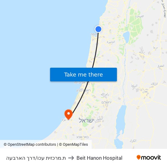 ת.מרכזית עכו/דרך הארבעה to Beit Hanon Hospital map