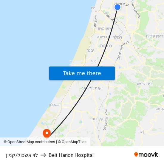 קניון קרית אונו/דרך לוי אשכול to Beit Hanon Hospital map