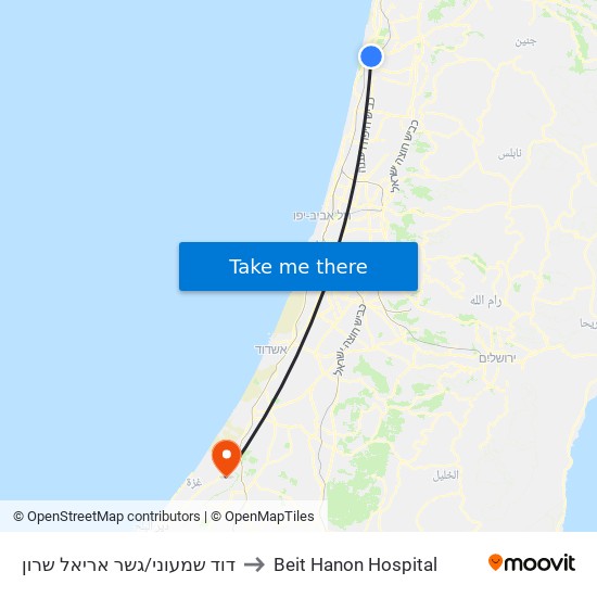 דוד שמעוני/גשר אריאל שרון to Beit Hanon Hospital map