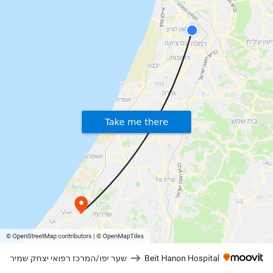 שער יפו/המרכז רפואי יצחק שמיר to Beit Hanon Hospital map