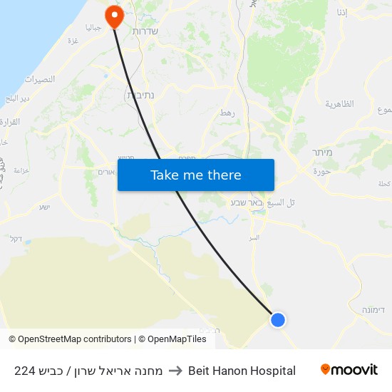 מחנה אריאל שרון / כביש 224 to Beit Hanon Hospital map