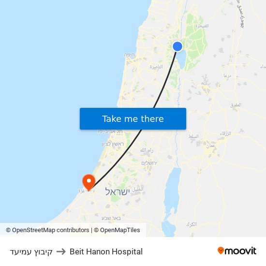 קיבוץ עמיעד to Beit Hanon Hospital map