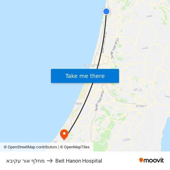 מחלף אור עקיבא to Beit Hanon Hospital map