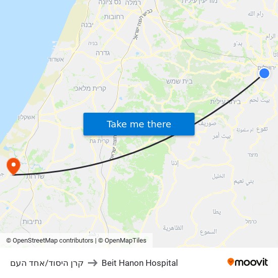 קרן היסוד/אחד העם to Beit Hanon Hospital map