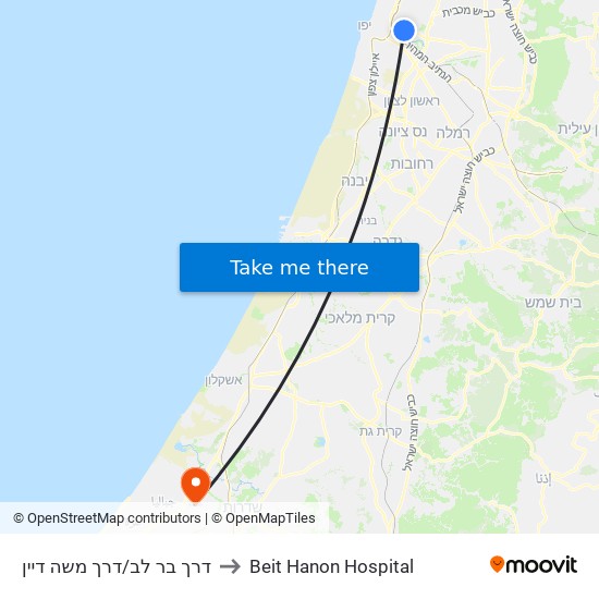 דרך בר לב/דרך משה דיין to Beit Hanon Hospital map