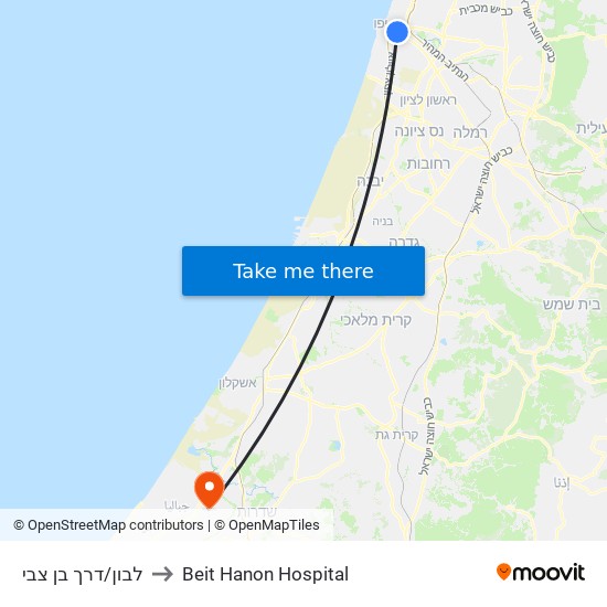 לבון/דרך בן צבי to Beit Hanon Hospital map