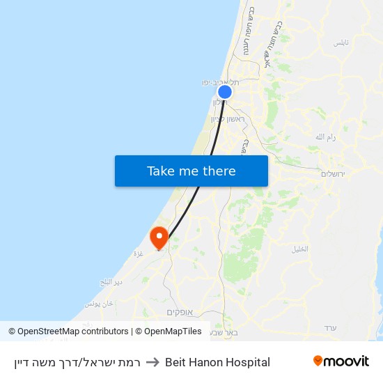 רמת ישראל/דרך משה דיין to Beit Hanon Hospital map