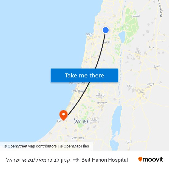 קניון לב כרמיאל/נשיאי ישראל to Beit Hanon Hospital map