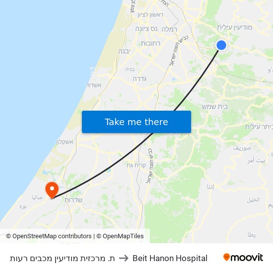 ת. מרכזית מודיעין מכבים רעות to Beit Hanon Hospital map