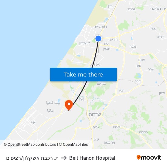 ת. רכבת אשקלון/רציפים to Beit Hanon Hospital map