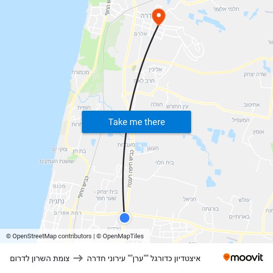 צומת השרון לדרום to איצטדיון כדורגל ""ערן"" עירוני חדרה map