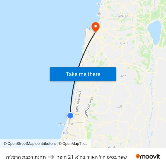 תחנת רכבת הרצליה to שער בסיס חיל האויר בח"א 21 חיפה map