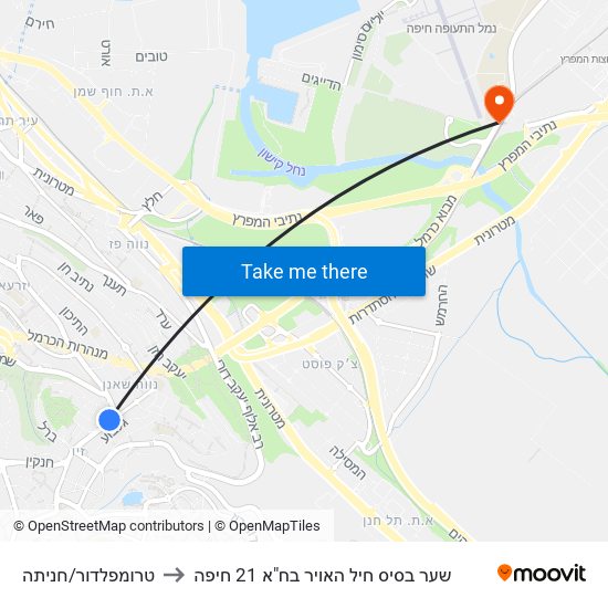 טרומפלדור/חניתה to שער בסיס חיל האויר בח"א 21 חיפה map