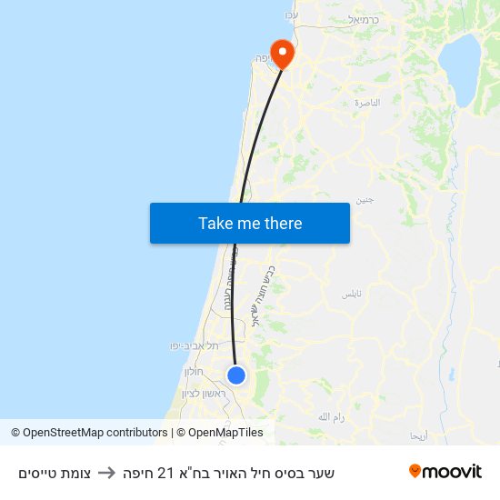 צומת טייסים to שער בסיס חיל האויר בח"א 21 חיפה map