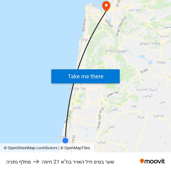 מחלף נתניה to שער בסיס חיל האויר בח"א 21 חיפה map