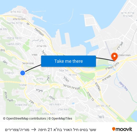 מוריה/צפרירים to שער בסיס חיל האויר בח"א 21 חיפה map