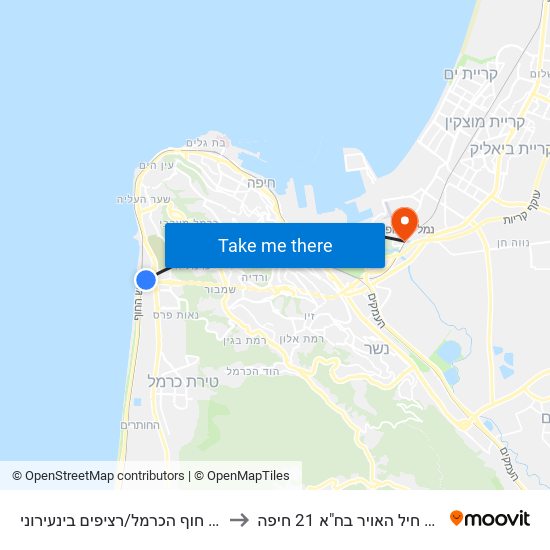 ת. מרכזית חוף הכרמל/רציפים בינעירוני to שער בסיס חיל האויר בח"א 21 חיפה map