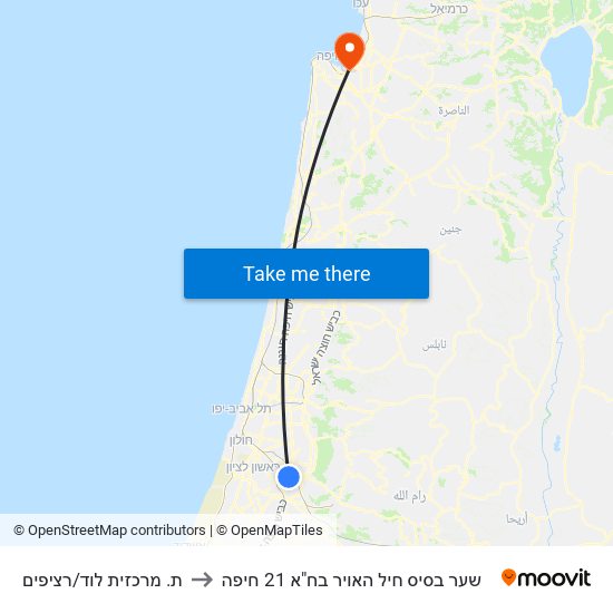 ת. מרכזית לוד/רציפים to שער בסיס חיל האויר בח"א 21 חיפה map