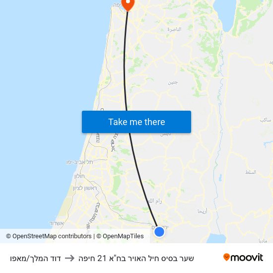 דוד המלך/מאפו to שער בסיס חיל האויר בח"א 21 חיפה map