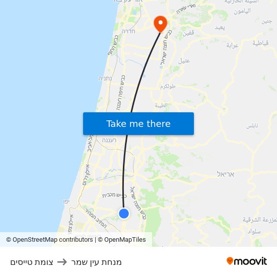 צומת טייסים to מנחת עין שמר map