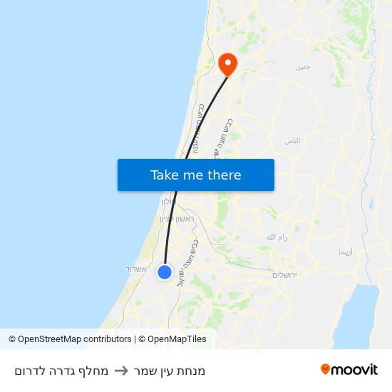 מחלף גדרה לדרום to מנחת עין שמר map