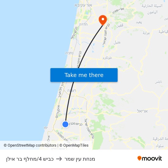 כביש 4/מחלף בר אילן to מנחת עין שמר map