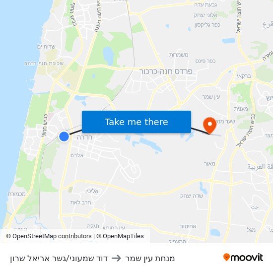 דוד שמעוני/גשר אריאל שרון to מנחת עין שמר map