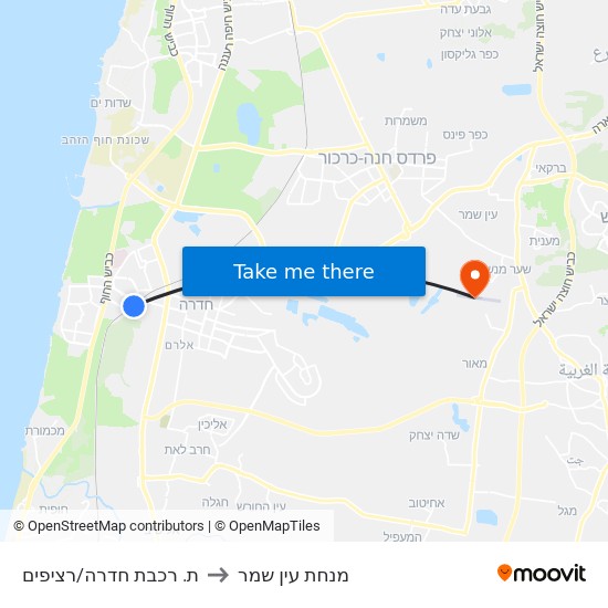 ת. רכבת חדרה/רציפים to מנחת עין שמר map