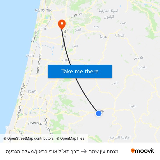 דרך תא''ל אורי בראון/מעלה הגבעה to מנחת עין שמר map