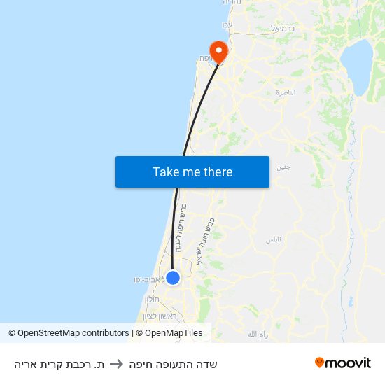 ת. רכבת קרית אריה to שדה התעופה חיפה map