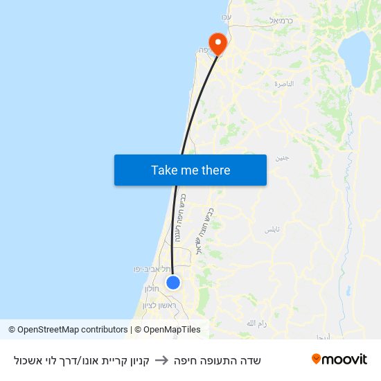 קניון קריית אונו/דרך לוי אשכול to שדה התעופה חיפה map