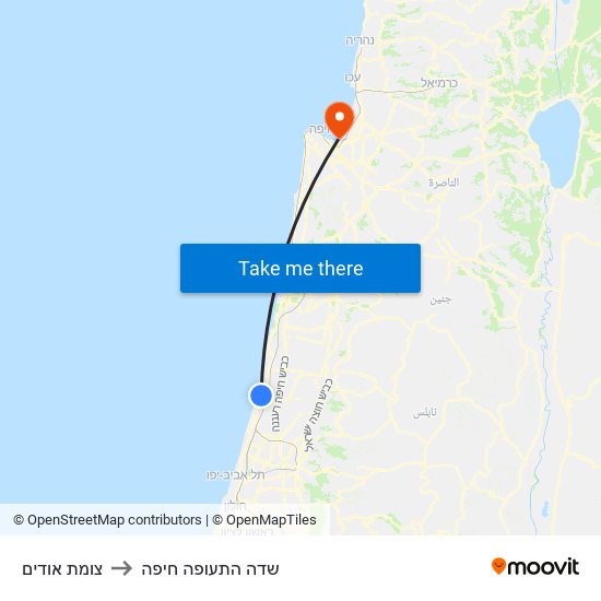 צומת אודים to שדה התעופה חיפה map