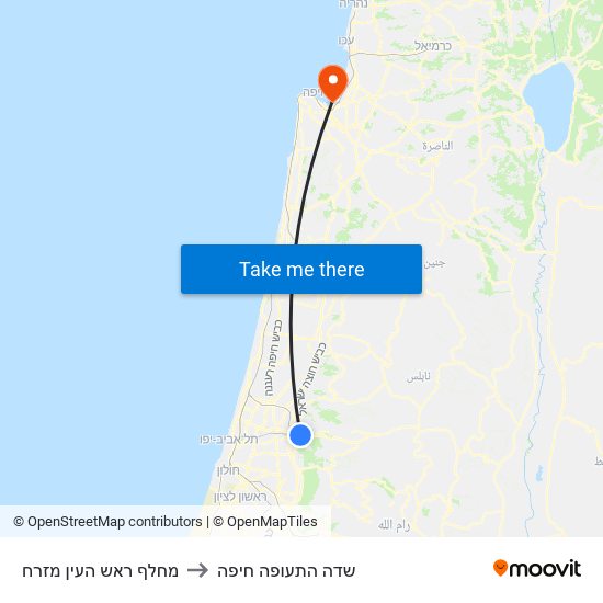 מחלף ראש העין מזרח to שדה התעופה חיפה map