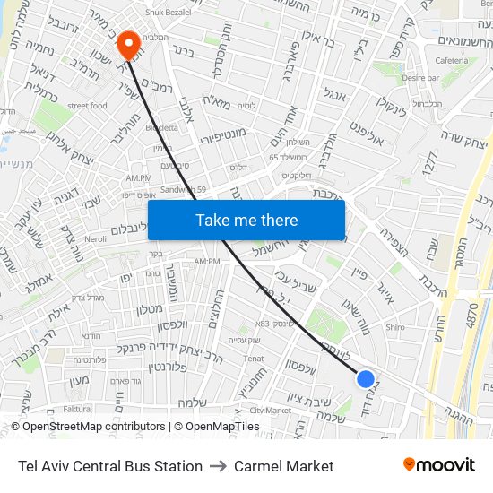 Tel Aviv Central Bus Station to Carmel Market map