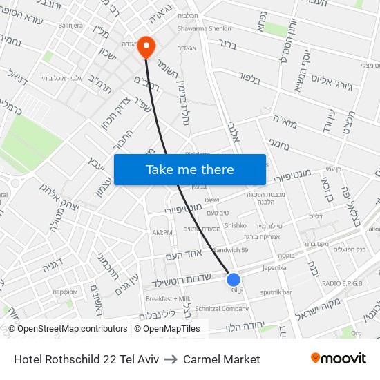 Hotel Rothschild 22 Tel Aviv to Carmel Market map