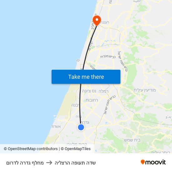 מחלף גדרה לדרום to שדה תעופה הרצליה map