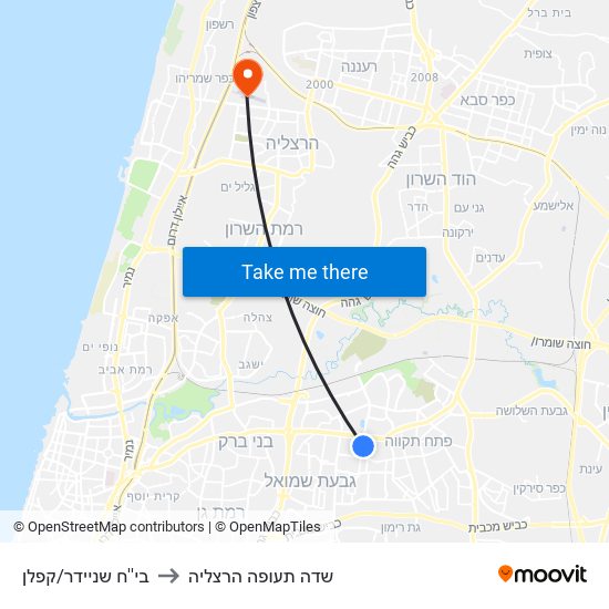 בי''ח שניידר/קפלן to שדה תעופה הרצליה map