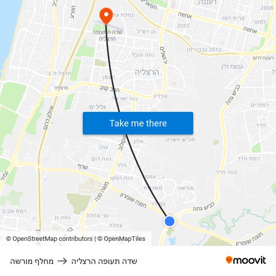 מחלף מורשה to שדה תעופה הרצליה map