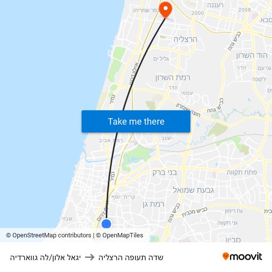 יגאל אלון/לה גווארדיה to שדה תעופה הרצליה map