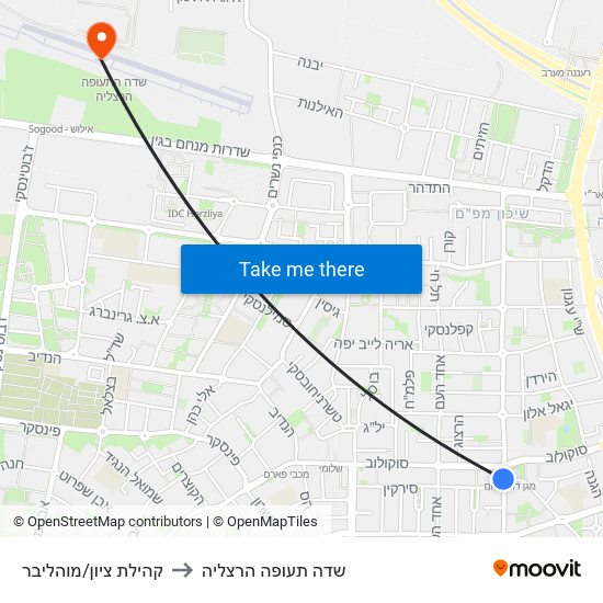 קהילת ציון/מוהליבר to שדה תעופה הרצליה map