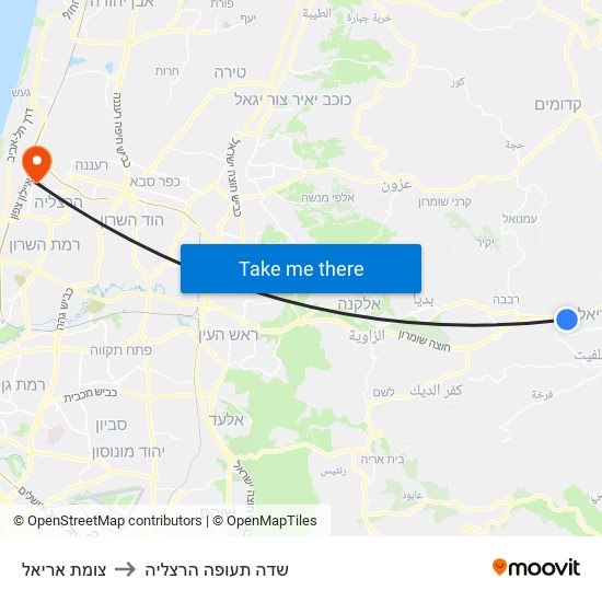 צומת אריאל to שדה תעופה הרצליה map