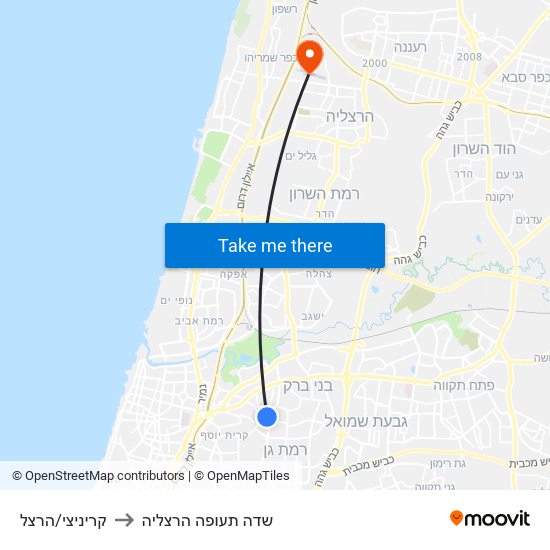 קריניצי/הרצל to שדה תעופה הרצליה map