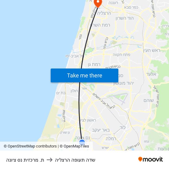 ת. מרכזית נס ציונה to שדה תעופה הרצליה map