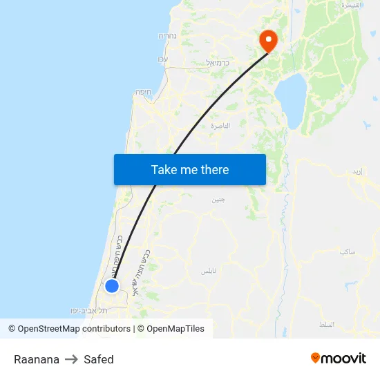 Raanana to Safed map