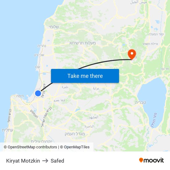 Kiryat Motzkin to Safed map