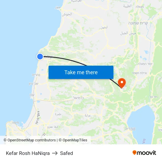 Kefar Rosh HaNiqra to Safed map