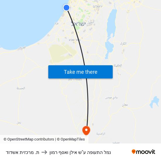 ת. מרכזית אשדוד to נמל התעופה ע"ש אילן ואסף רמון map