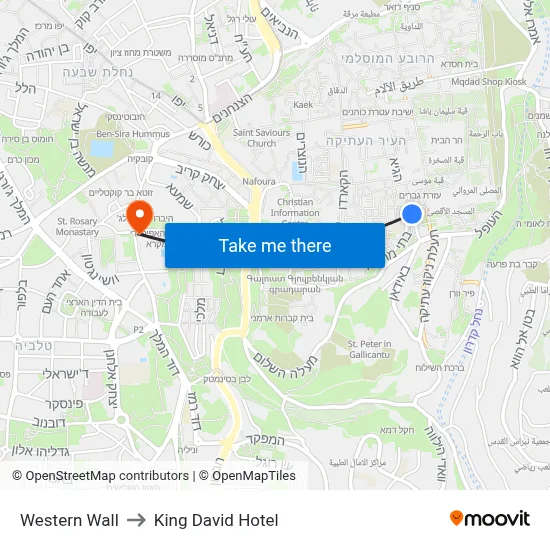 Western Wall to King David Hotel map