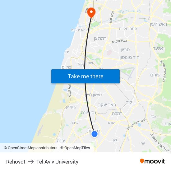 Rehovot to Tel Aviv University map